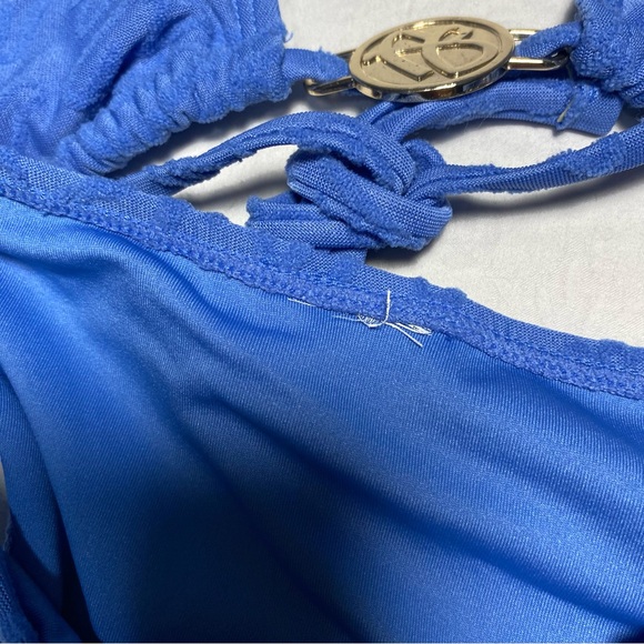 FUBU Swim Set Textured Logo Print Metal Decal Halter Triangle Suit Bikini Small - Picture 11 of 13